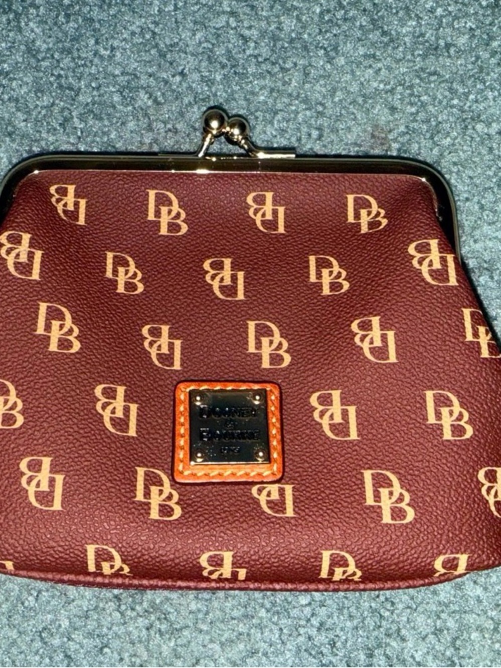 Dooney & Bourke Burgundy and Tan Logo Kiss-Lock Coin Purse